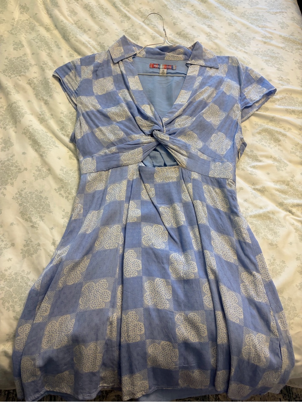 Urban Outfitters Light Blue and White Knot-Front Mini Dress
